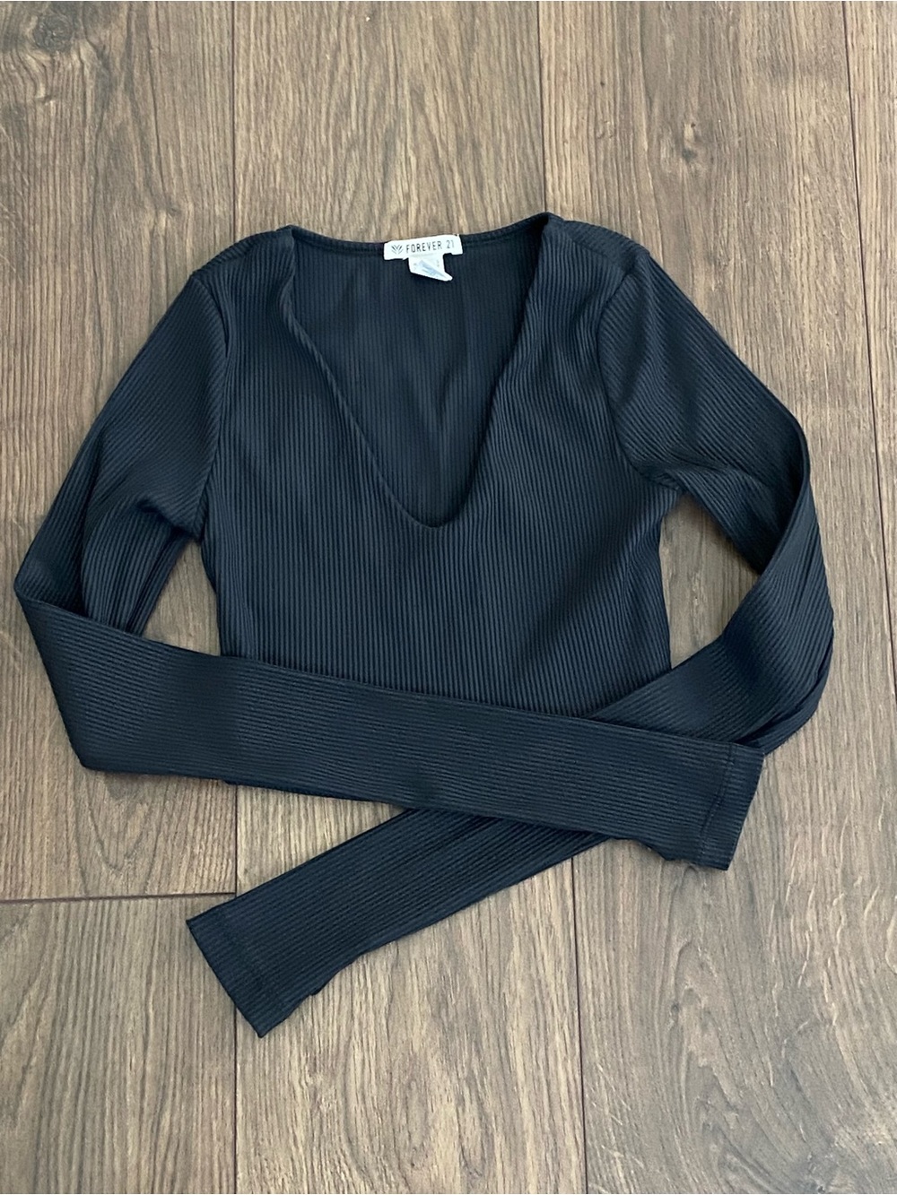 Forever 21 Black Ribbed Scoop V-Neck Long Sleeve Top
